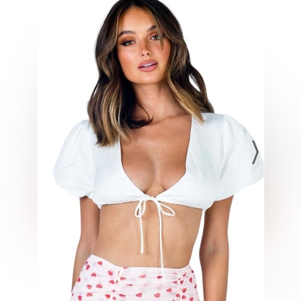 PRINCESS POLLY Alfie Crop Top Tie Linen Front Deep V Puff Sleeve Festival Sexy 2